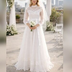 Unbranded Vintage 80s White Lace High Neck Long Sleeve Wedding Dress sz 3/4